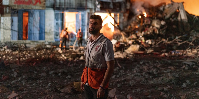 Saleem Aburas, a relief worker with the Palestine Red Crescent Society, in Tel al-Hawa, Gaza, on October 27, 2023.