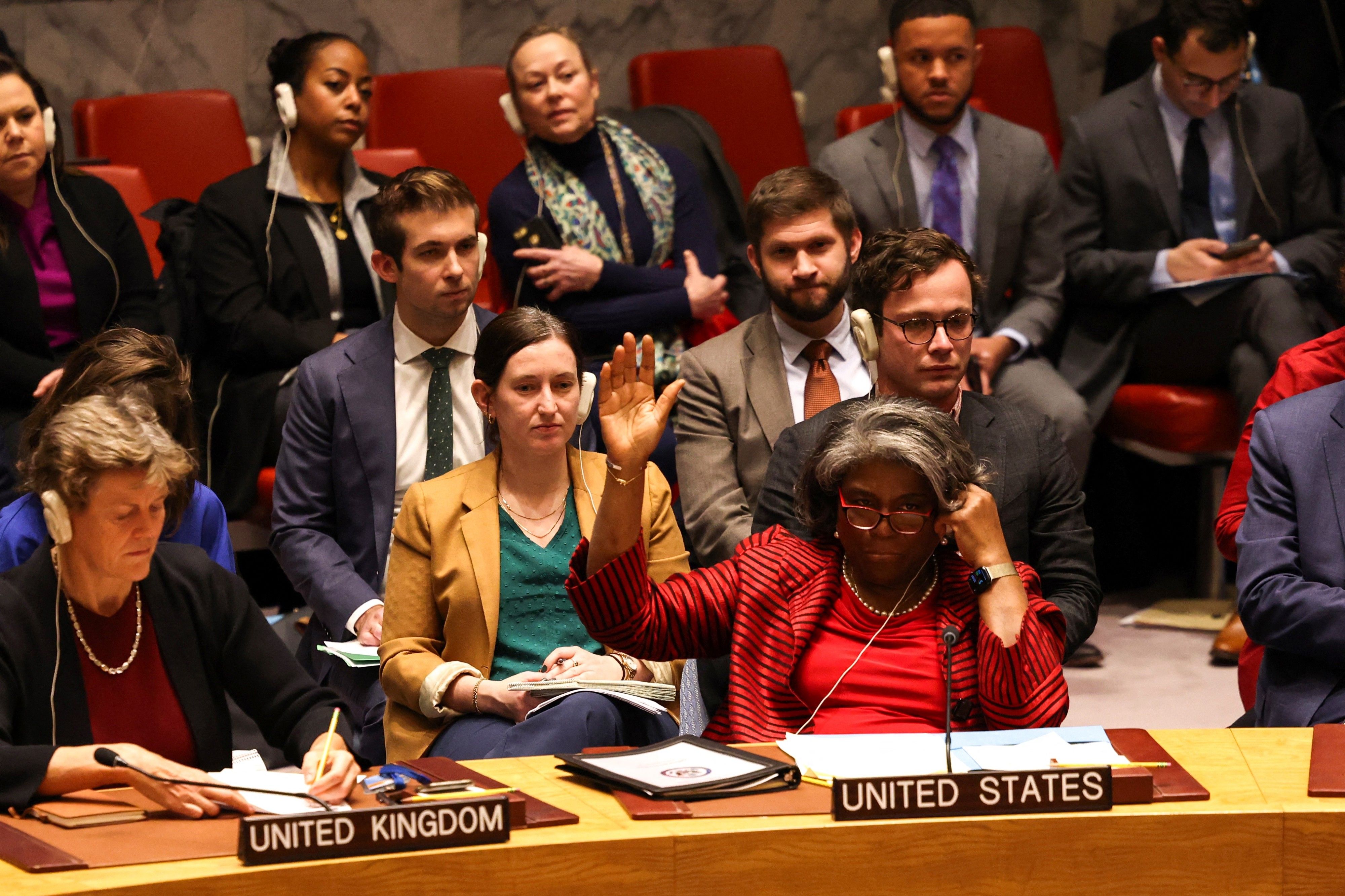 U.S. U.N. Ambassador Linda Thomas-Greenfield raises her hand to vote. 
