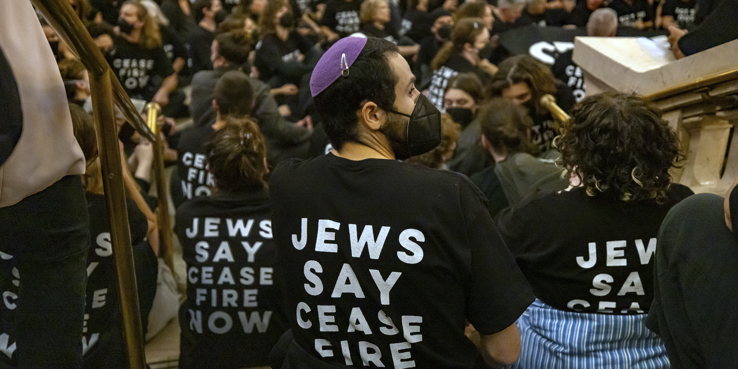 NEW YORK, NEW YORK - OCTOBER 27: Hundreds of protestors chant demanding a ceasefire amid a war between Israel and Hamas as they force the closure of Grand Central Station as Jewish Voice for Peace holds a rally on October 27, 2023 in New York City. The Jewish anti-Zionist organization has held protests in various cities urging calls for cease-fire and humanitarian help following Israel's retaliation bombing of Gaza after the Palestinian militant group launched a deadly attack in southern Israel on October 7. (Photo by Michael Nigro/Sipa USA)(Sipa via AP Images)