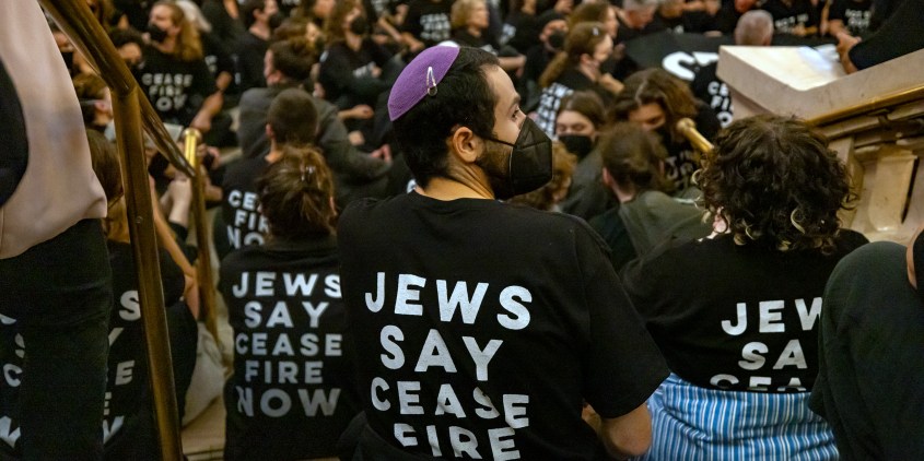 NEW YORK, NEW YORK - OCTOBER 27: Hundreds of protestors chant demanding a ceasefire amid a war between Israel and Hamas as they force the closure of Grand Central Station as Jewish Voice for Peace holds a rally on October 27, 2023 in New York City. The Jewish anti-Zionist organization has held protests in various cities urging calls for cease-fire and humanitarian help following Israel's retaliation bombing of Gaza after the Palestinian militant group launched a deadly attack in southern Israel on October 7. (Photo by Michael Nigro/Sipa USA)(Sipa via AP Images)