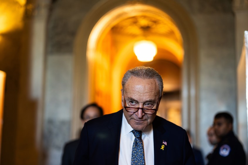 Senate Majority Leader Chuck Schumer, a Democrat from New York, departs the Senate Chamber at the US Capitol in Washington, DC, US, on Thursday, March 14, 2024. Schumer called for Israel to hold new elections, a sharp break with Prime Minister Benjamin Netanyahu from the highest-ranking Jewish US elected official. Photographer: Tierney L. Cross/Bloomberg via Getty Images