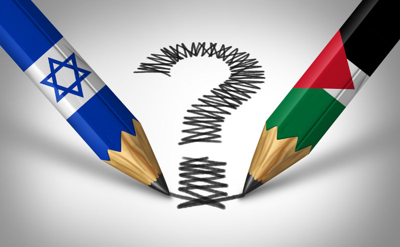 Israel and Palestine crisis and middle east conflict or Israeli and Palestinian questions with two opposing sides as pencils drawing a question mark as a dispute concept with 3D illustration elements.