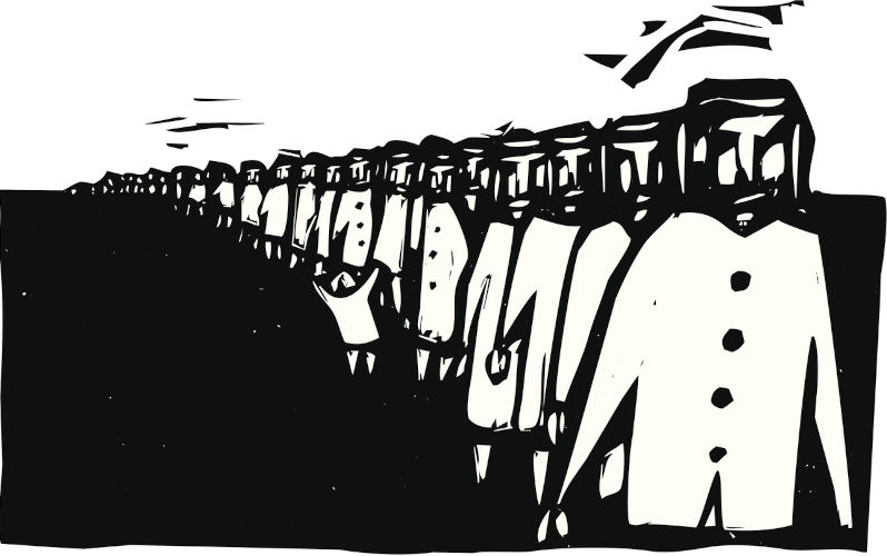 Long row of people rendered in a rough style wait in line. Drawing Sketch