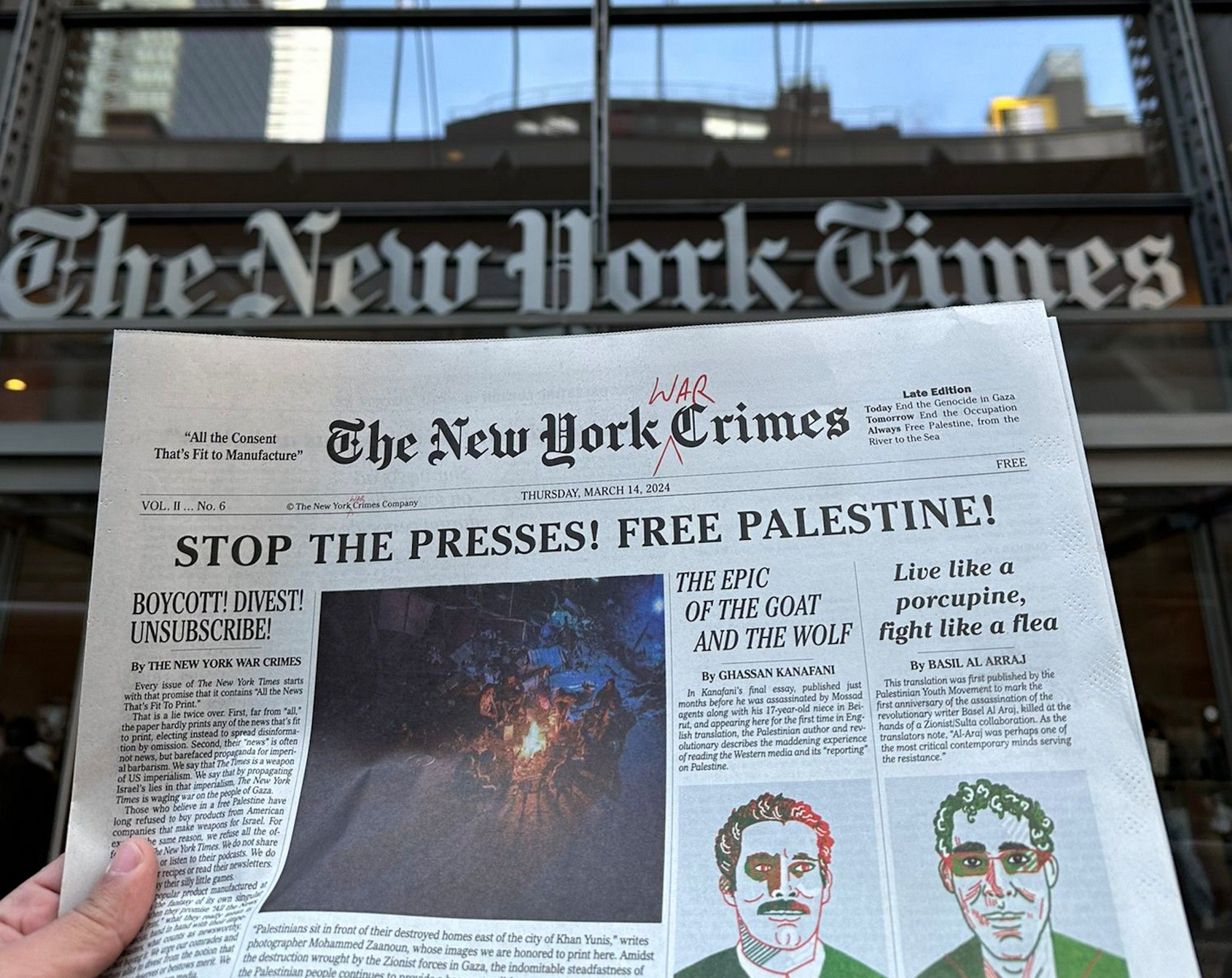 A parody of The New York Times is called "The New York War Crimes"