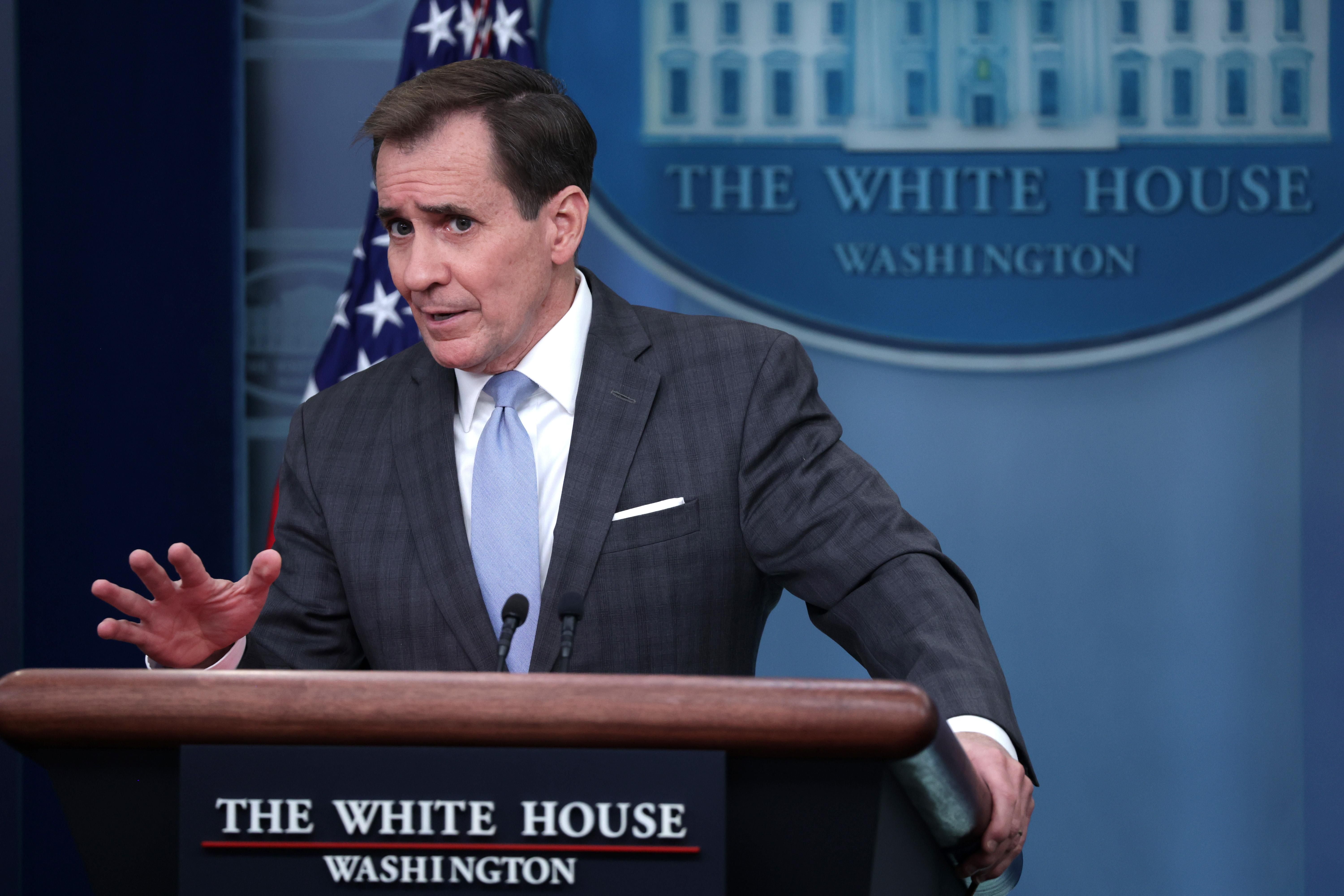 Coordinator for Strategic Communications at the National Security Council John Kirby speaks during a daily news briefing