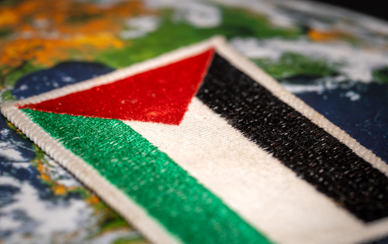 Flag of Palestine against the background of the world, concept, political situation, Gaza strip