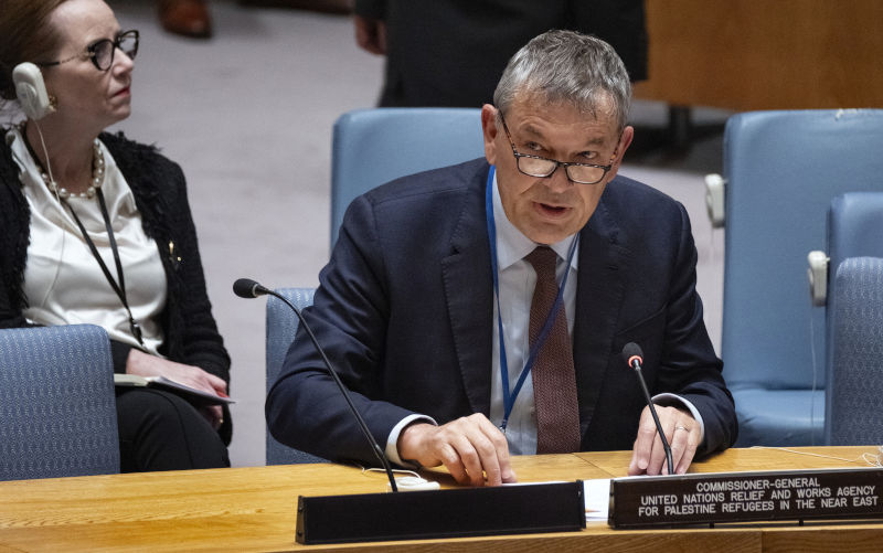 The Commissioner-General of the U.N. Relief and Works Agency for Palestine Refugees, Philippe Lazzarini addresses the United Nations Security Council meeting at U.N. Headquarters Wednesday, April 17, 2024. Image: AAP/AP Craig Ruttle