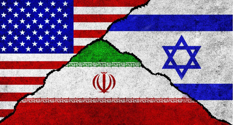 USA, Iran and Israel flag together on a textured background. Diplomatic