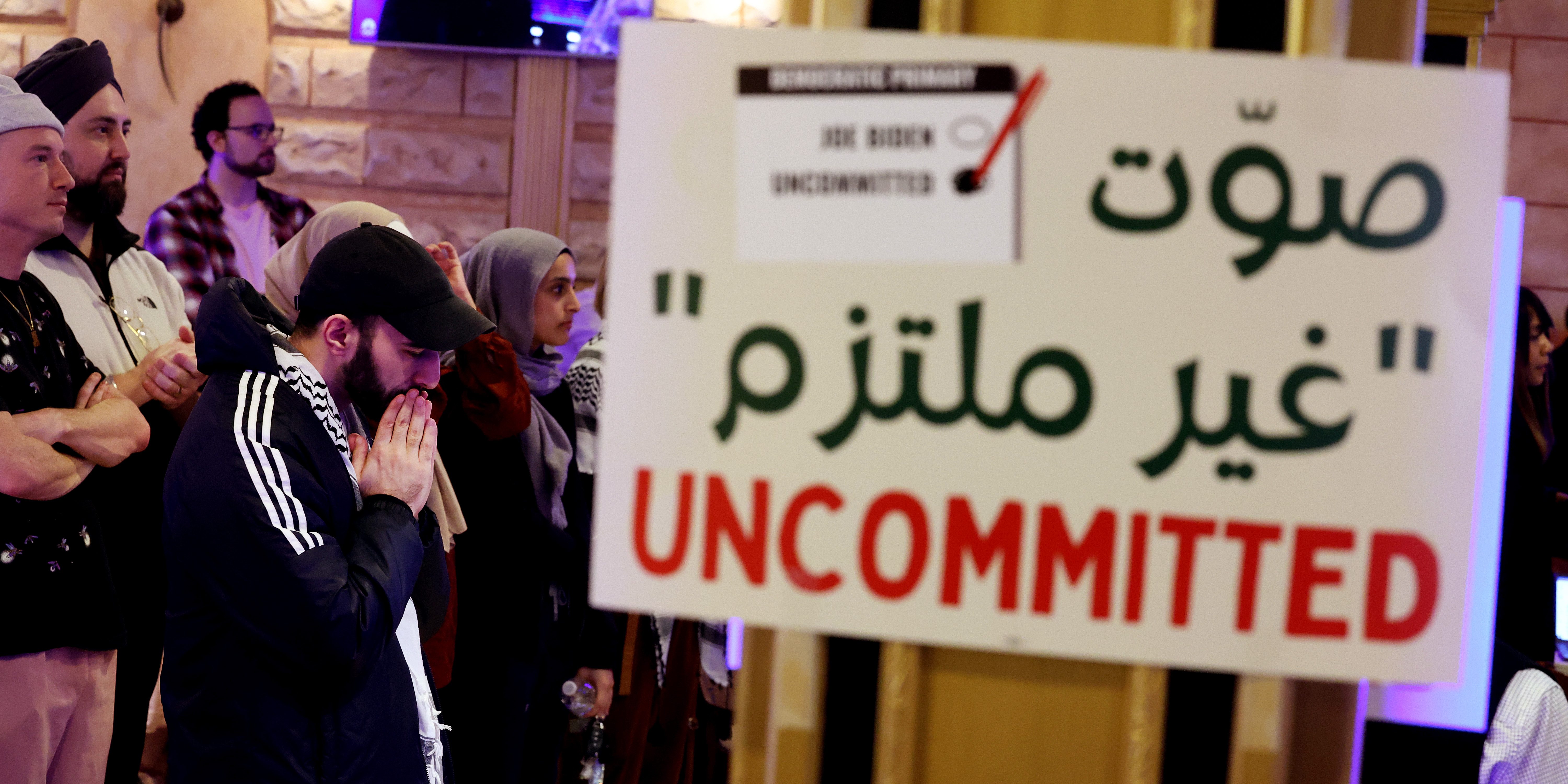 DEARBORN, MICHIGAN - FEBRUARY 27: Attendees listen to speeches during an "Uncommitted for Joe Biden" primary election night watch party at Adonis restaurant on February 27, 2024 in Dearborn, Michigan. The Uncommitted movement called on Democratic voters to not support President Joe Biden in the Michigan Democratic primary because of his Administration's support for Israel in it's war against Hamas. President Joe Biden and Republican Presidential candidate and former President Joe Biden each won their parties primaries in Michigan.  (Photo by Kevin Dietsch/Getty Images)
