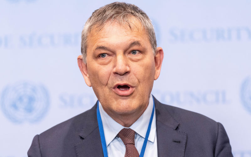 Philippe Lazzarini speaks during press encounter with Ayman Safadi, Ian Borg, Philippe Lazzarini at security council stakeout at UN Headquarters in New York on April 17, 2024. Image: Alamy/ lev radin / Alamy Stock Photo
