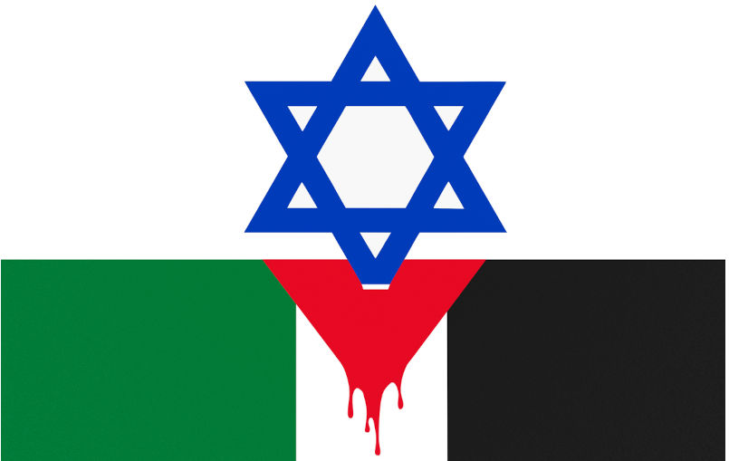 Concept illustration of a Palestine flag which is stinged by the israel star as a symbol of the occupation of territories and the harm to the Palestinian people. This concept represents the conflict between the two countries.
