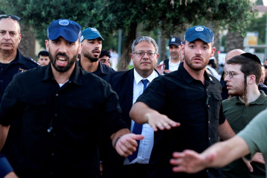 Israeli National Security Minister Itamar Ben-Gvir, surrounded by security
