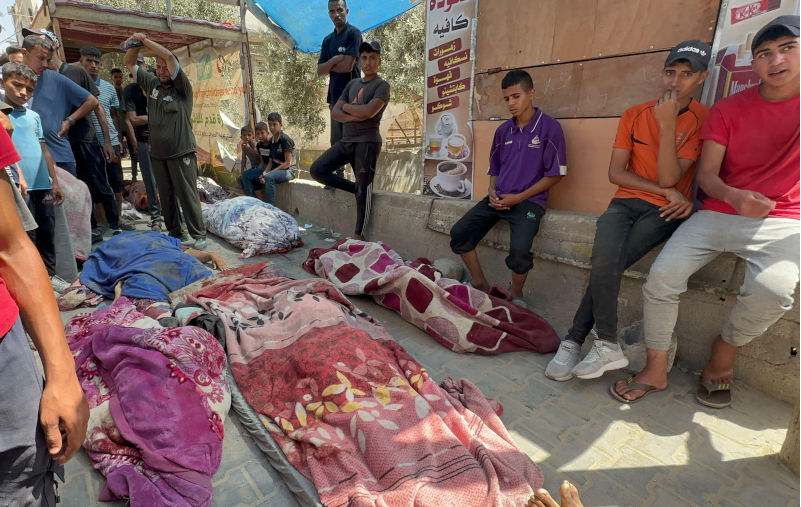 Nuseirat, Gaza. 08th June, 2024. The bodies of Palestinians killed during Israeli attacks on Nuseirat Refugee Camp, al-Bureij Refugee Camp and al-Maghazi Refugee Camp, are seen at Al-Aqsa Martyrs Hospital in Gaza on Saturday, June 8, 2024. Photo by Hatem Al-Rawag/UPI Image: UPI/Alamy Live News